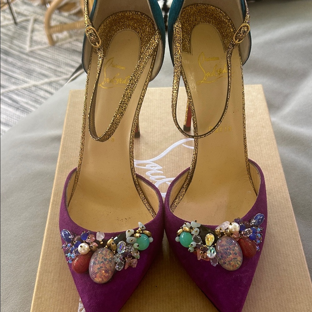 Christian Louboutin Purple and Teal Suede Embellished Heels